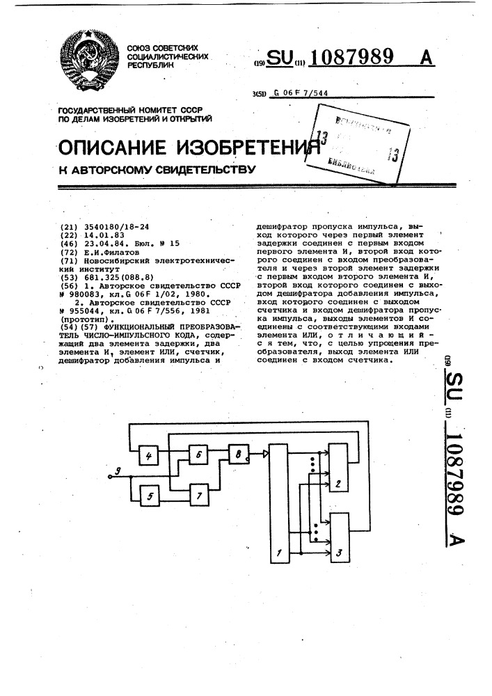 Функциональный преобразователь число-импульсного кода (патент 1087989)