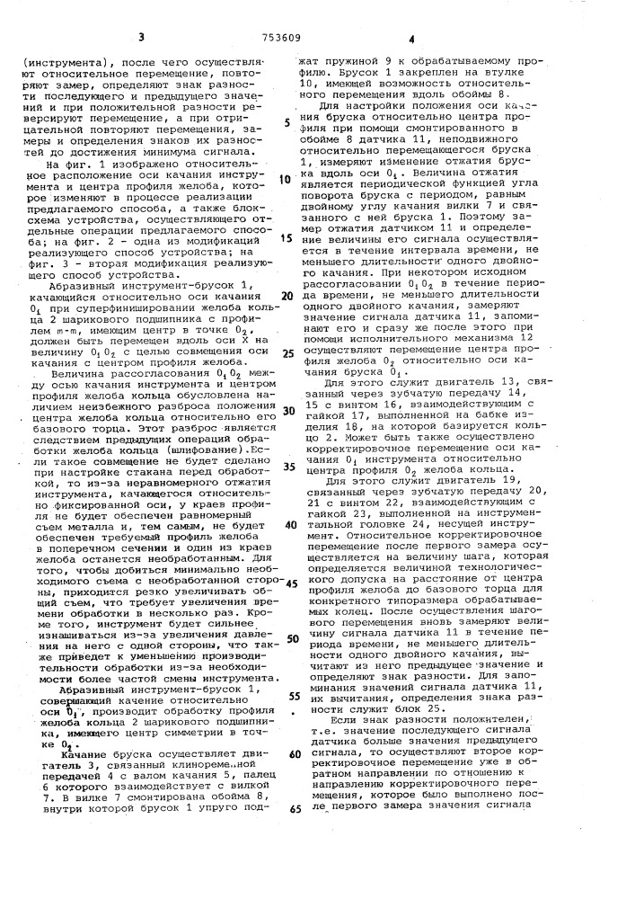 Способ совмещения оси качания инструмента с центром профиля желоба (патент 753609)