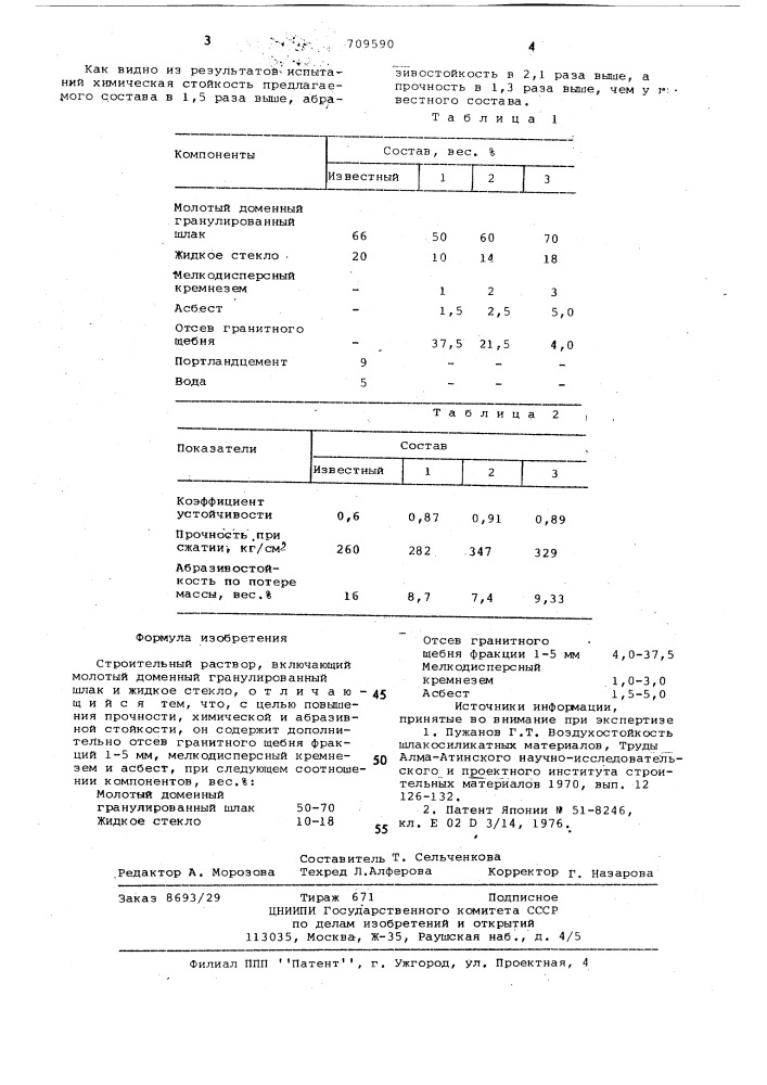 Строительный раствор (патент 709590)