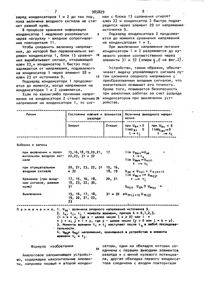 Аналоговое запоминающее устройство (патент 985829)
