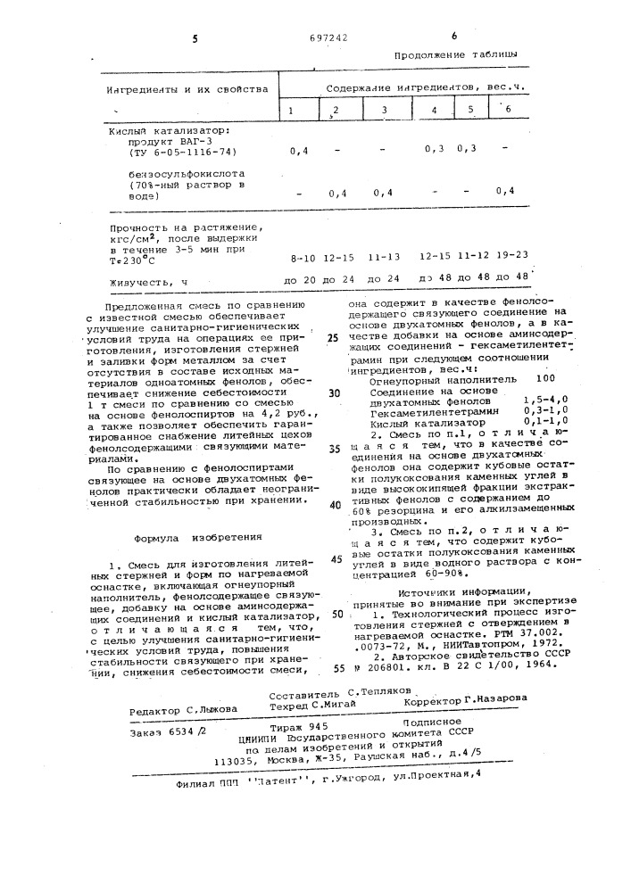 Смесь для изготовления литейных стержней и форм по нагреваемой оснастке (патент 697242)