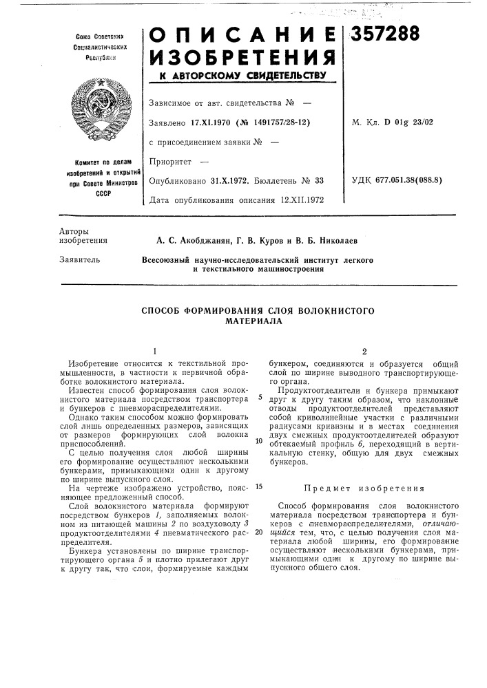 Способ формирования слоя волокнистого материала (патент 357288)