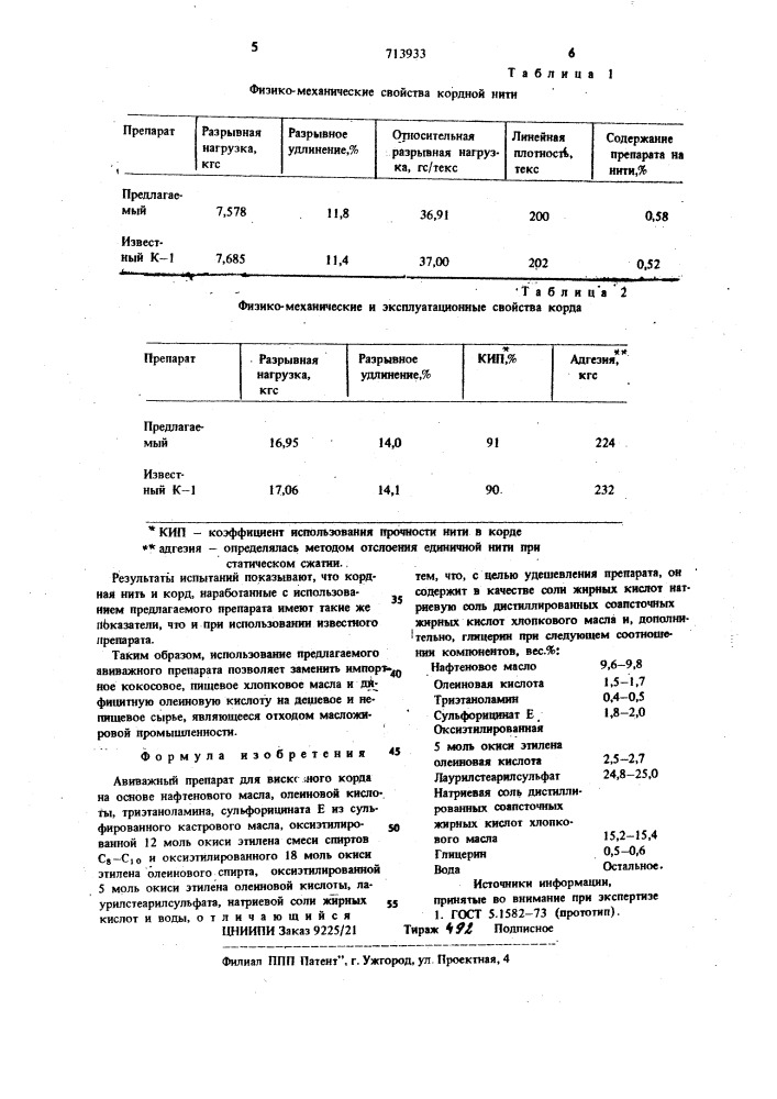Авиважный препарат для вискозного корда (патент 713933)