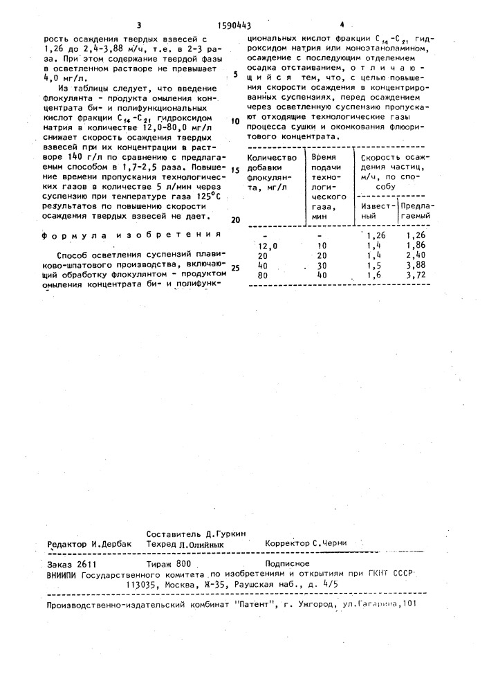 Способ осветления суспензий плавиково-шпатового производства (патент 1590443)