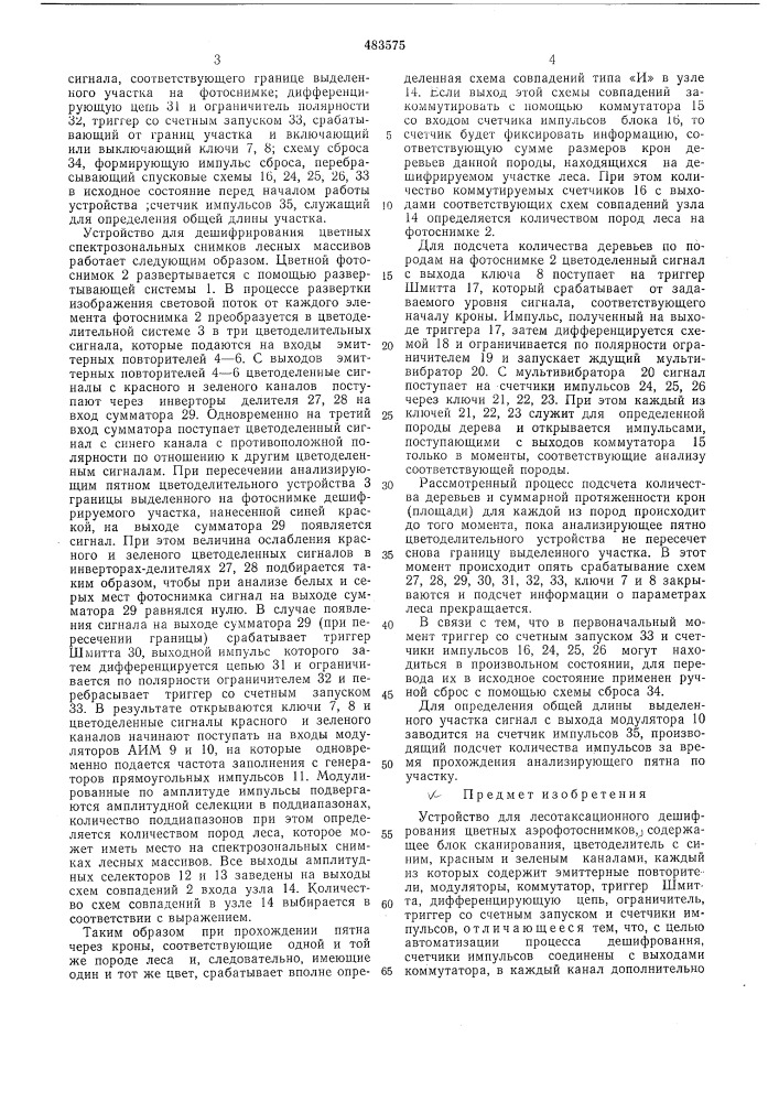 Устройство для лесатоксационного дешифрования цветных аэрофотоснимков (патент 483575)