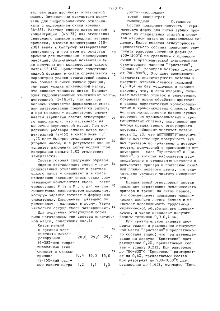 Состав для литья зубных протезов (патент 1273107)