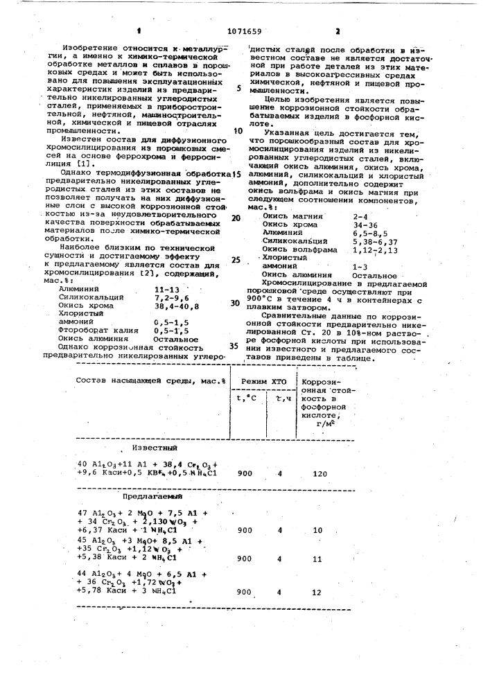 Порошкообразный состав для хромосилицирования изделий из никелированных углеродистых сталей (патент 1071659)