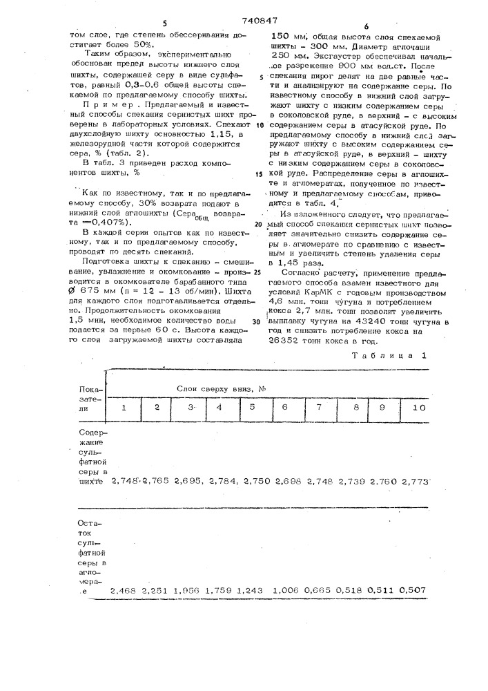 Способ спекания сернистых шихт (патент 740847)