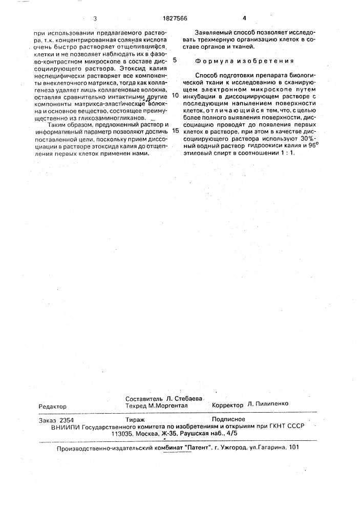 Способ подготовки препарата биологической ткани к исследованию в сканирующем электронном микроскопе (патент 1827566)