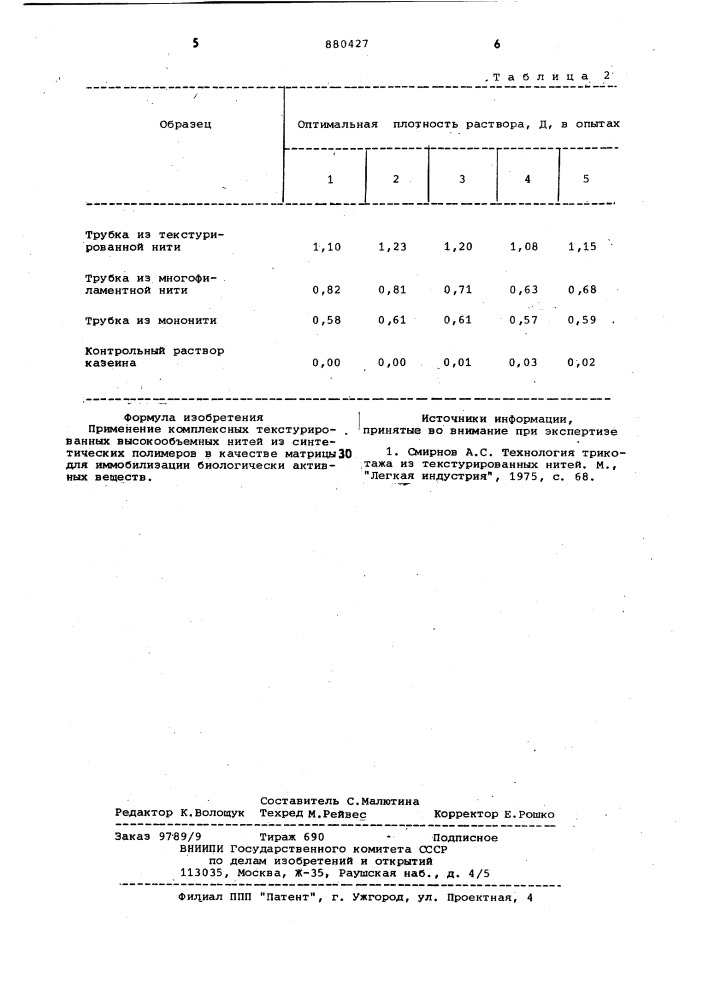 Матрица для иммобилизации биологически активных веществ (патент 880427)