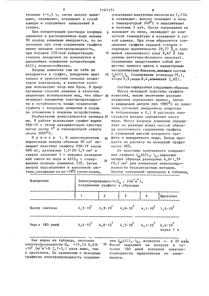 Способ получения соединений графита с хлоридом алюминия (патент 1167151)