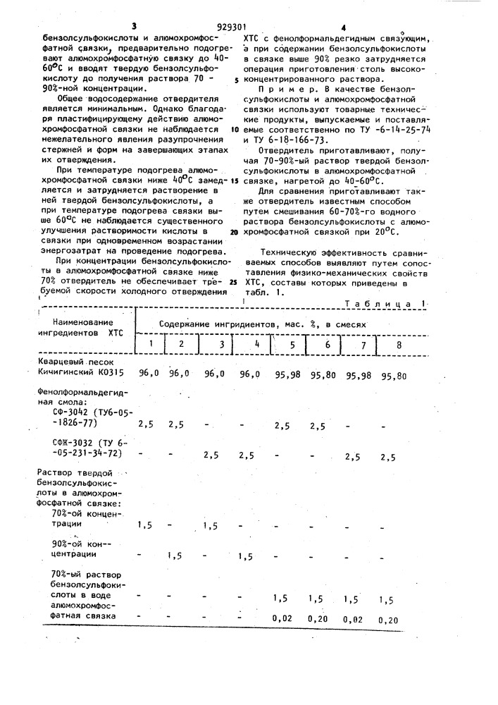 Способ приготовления отвердителя для изготовления литейных стержней и форм из холоднотвердеющих смесей (патент 929301)