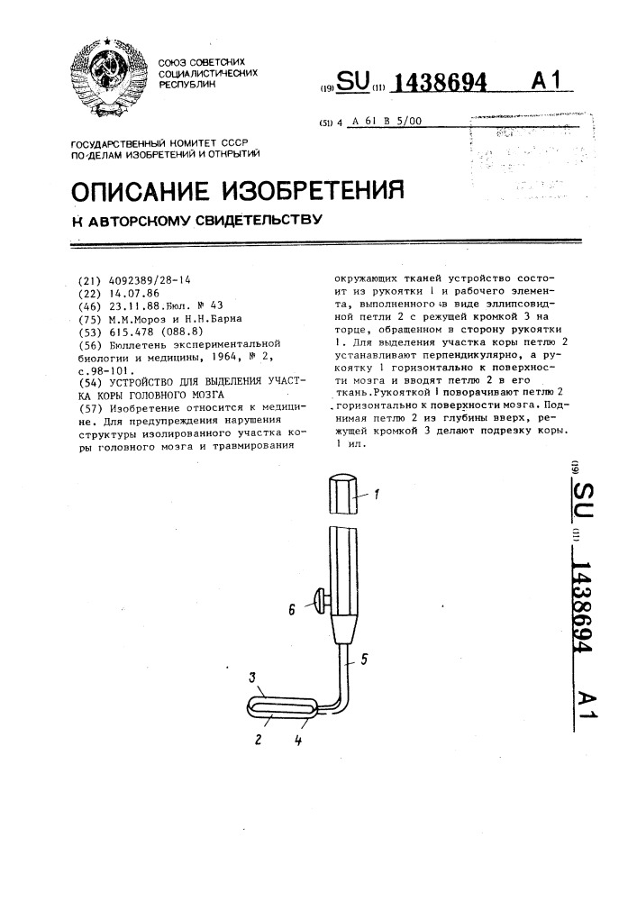 Устройство для выделения участка коры головного мозга (патент 1438694)