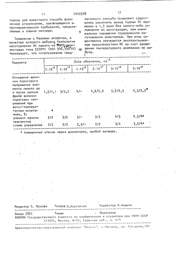 Способ изготовления интегральных схем памяти на основе мноп- транзисторов (патент 1040978)