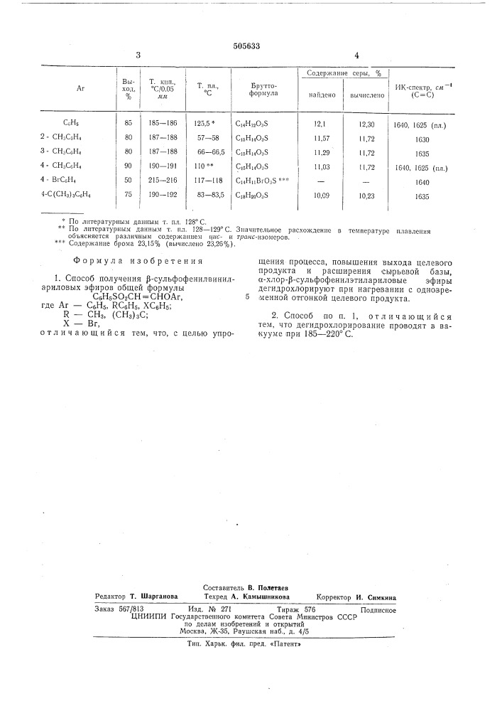 Способ получения -сульфофенилвинилариловых эфиров (патент 505633)