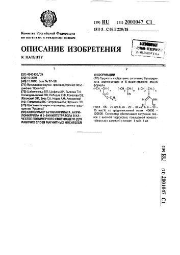 Сополимер бутилакрилата, акрилонитрила и 5-винилтетразола в качестве полимерного связующего для рабочих слоев магнитных носителей информации (патент 2001047)