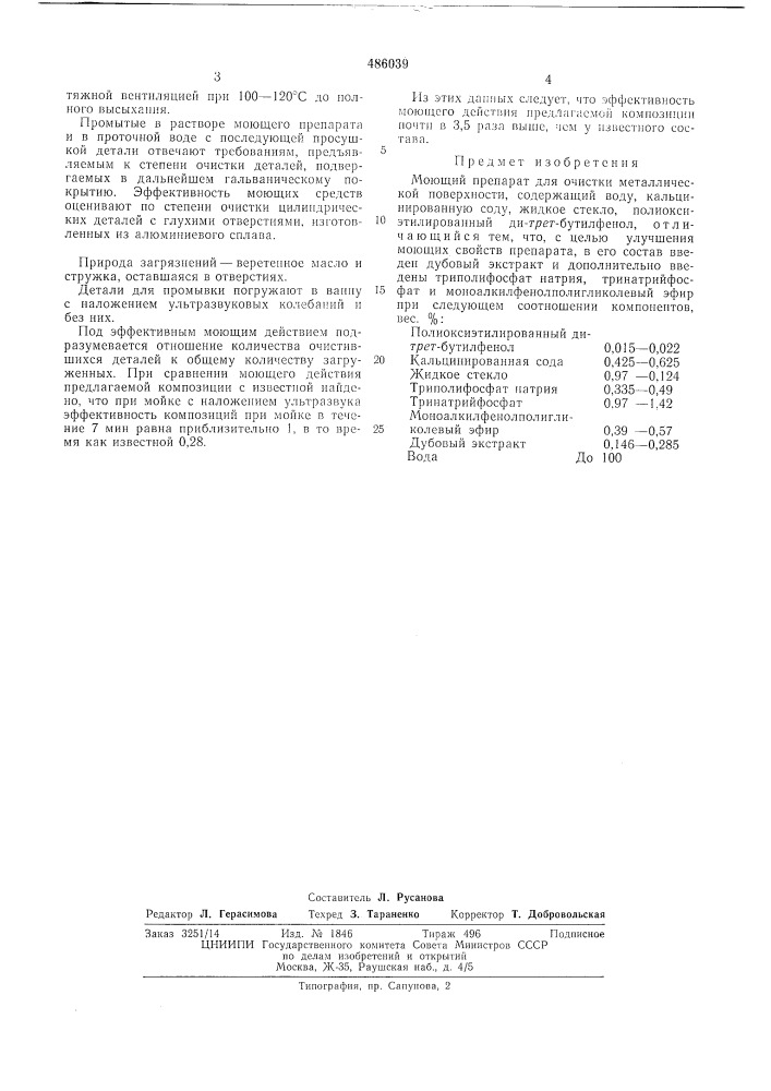 Моющий препарат для очистки металлической поверхности (патент 486039)