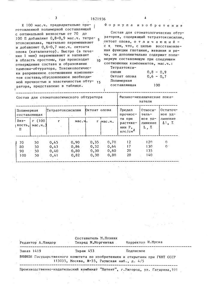 Состав для стоматологических обтураторов (патент 1621936)