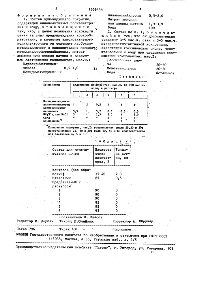 Состав мульчирующего покрытия (патент 1636444)