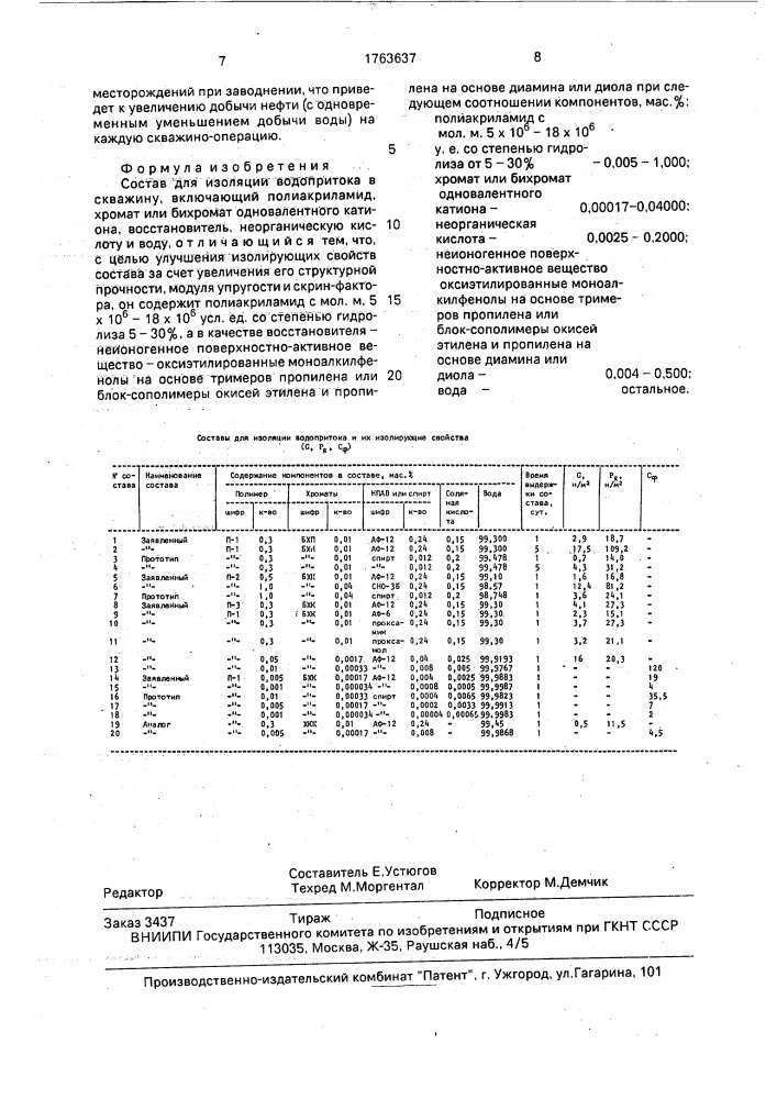 Состав для изоляции водопритока в скважину (патент 1763637)