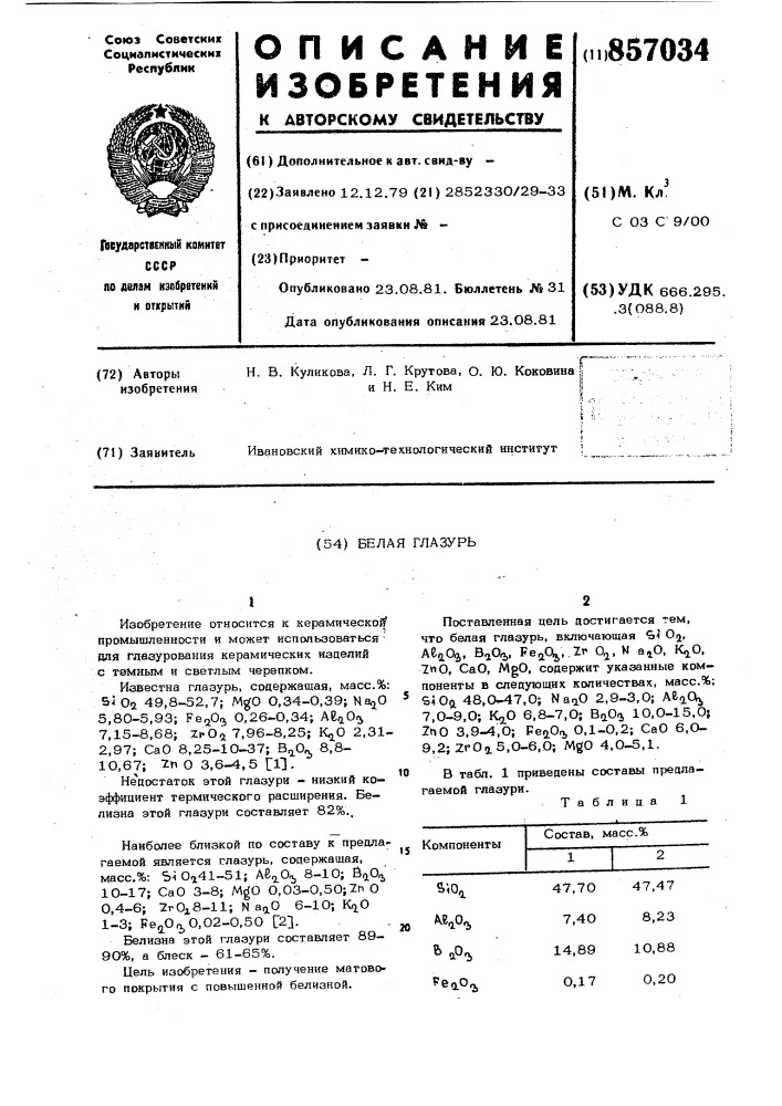 Белая глазурь (патент 857034)