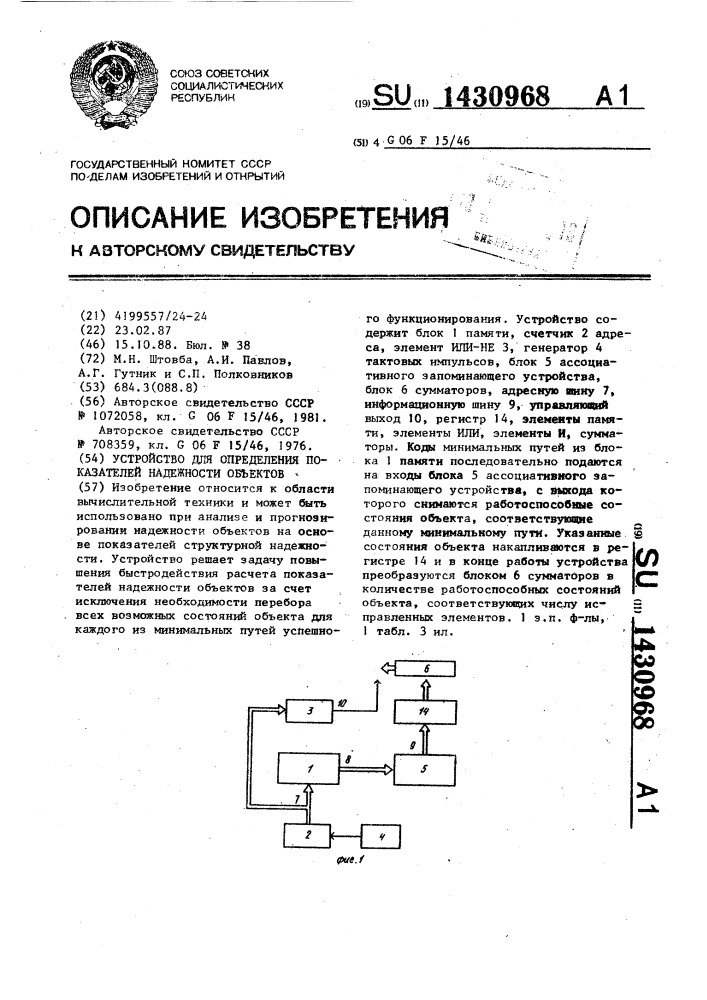 Устройство для определения показателей надежности объектов (патент 1430968)