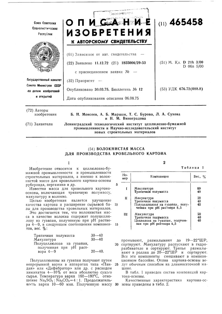 Волокнистая масса для производства кровельного картона (патент 465458)