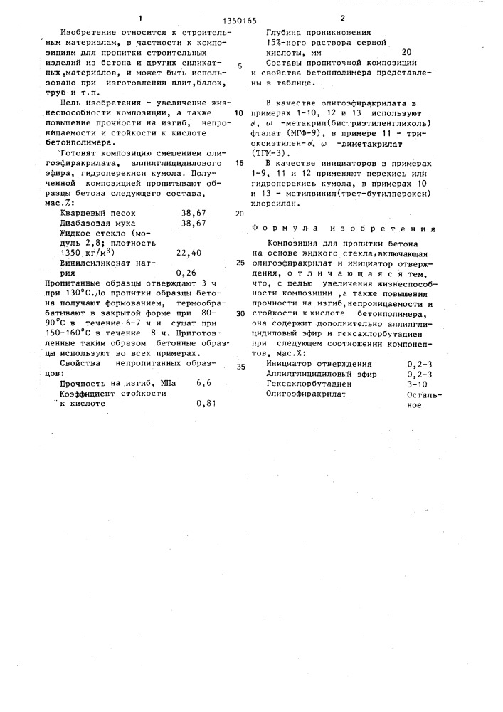 Композиция для пропитки бетона на основе жидкого стекла (патент 1350165)