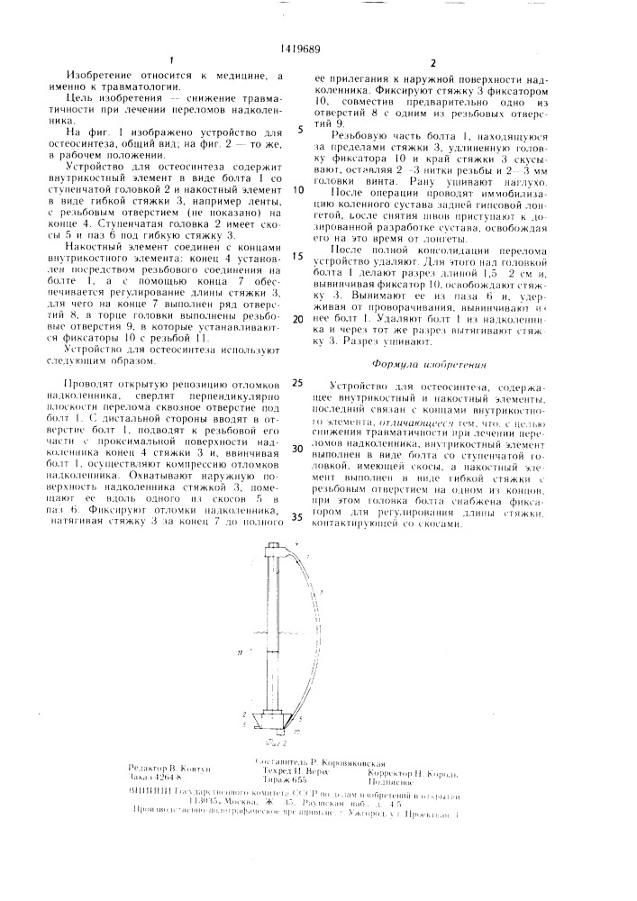 Устройство для остеосинтеза (патент 1419689)