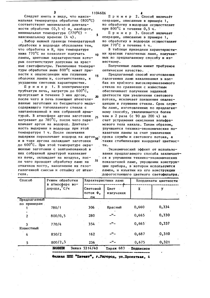 Способ изготовления галогенной лампы накаливания (патент 1104606)