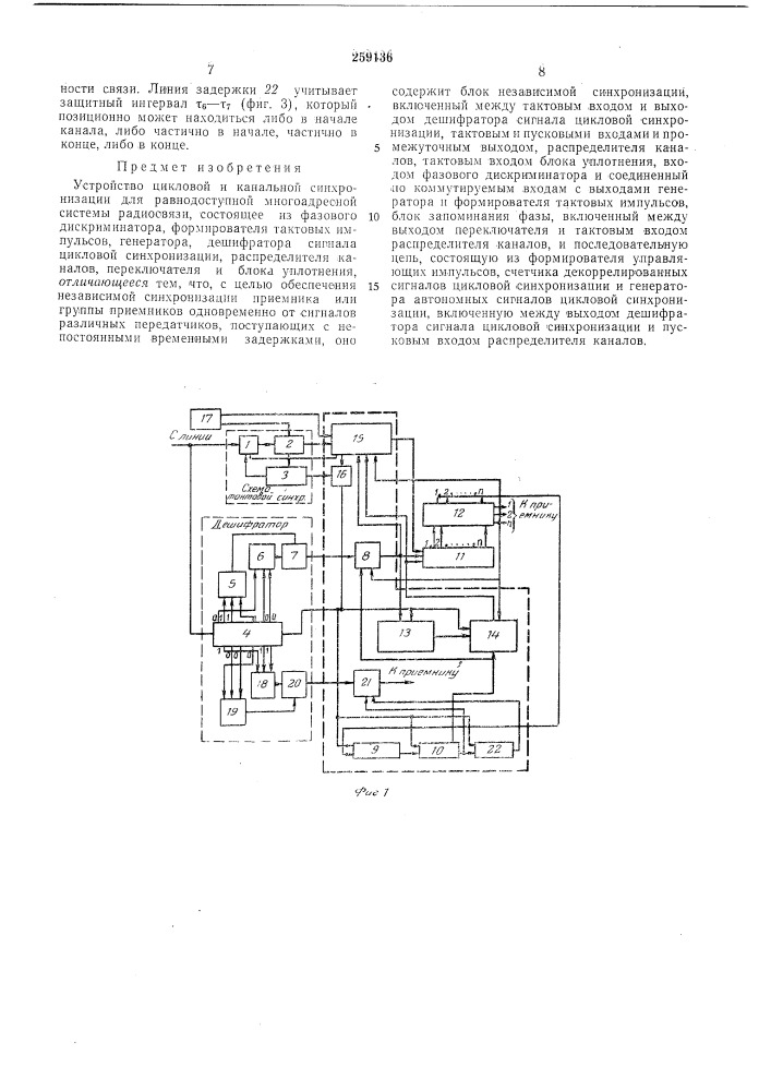 Устройство цикловой и канальной синхр011изации (патент 259136)