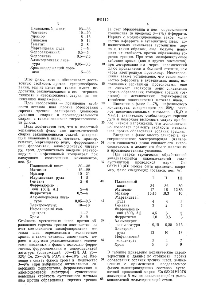 Керамический флюс для автоматической сварки закаливающихся сталей (патент 941115)