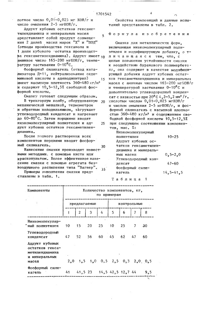 Смазка для металлических форм (патент 1701542)