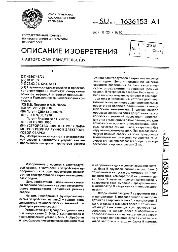 Устройство для контроля параметров режима ручной электродуговой сварки (патент 1636153)