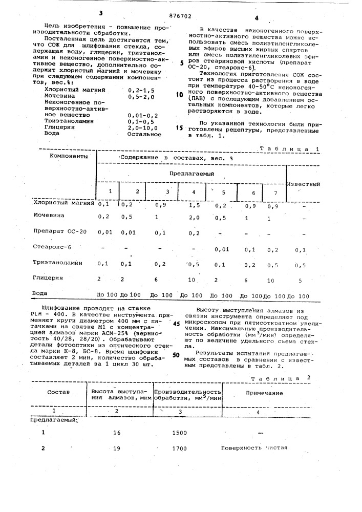 Смазочно-охлаждающая жидкость для шлифования стекла (патент 876702)
