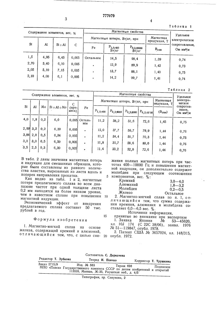 Магнитномягкий сплав на основе железа (патент 777079)