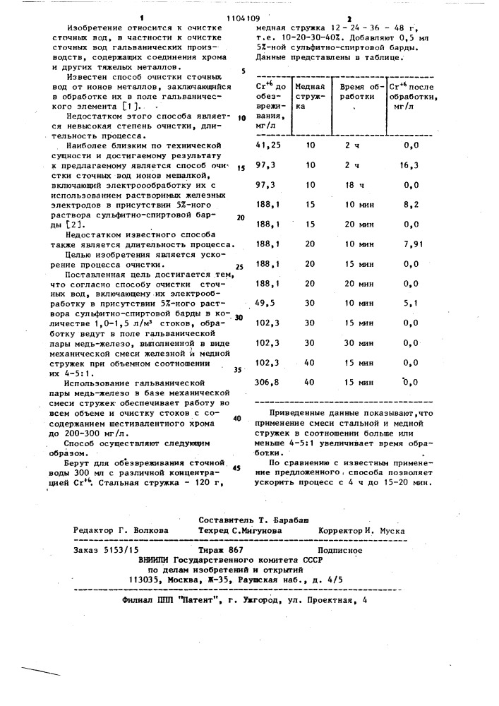 Способ очистки сточных вод гальванического производства (патент 1104109)