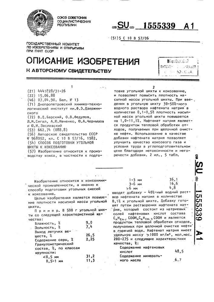 Способ подготовки угольной шихты в коксованию (патент 1555339)