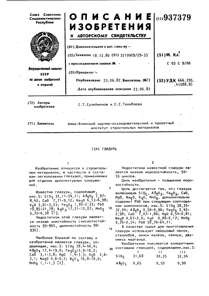 Глазурь (патент 937379)