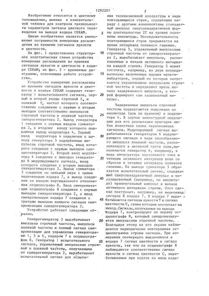 Устройство измерения расхождения во времени сигналов яркости и цветности в кодере секам (патент 1292207)