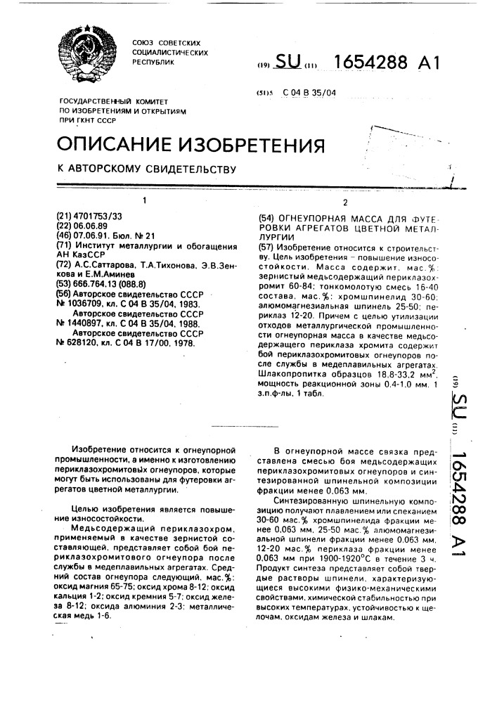 Огнеупорная масса для футеровки агрегатов цветной металлургии (патент 1654288)