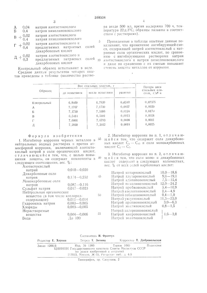 Ингибитор коррозии черных металлов (патент 510534)