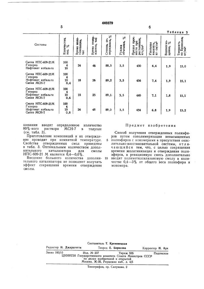 Способ получения отвержденных полиэфиров (патент 440379)