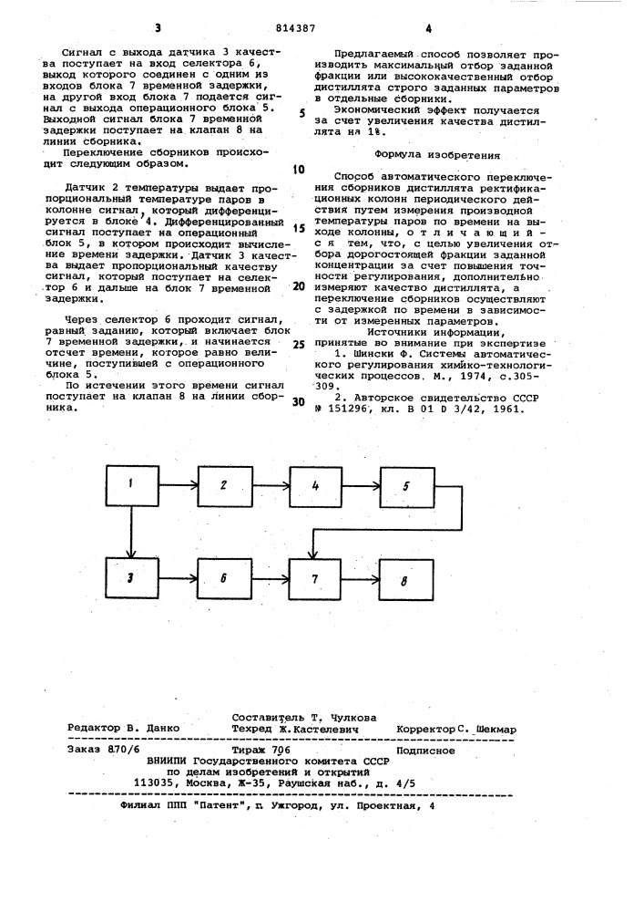 Способ автоматического переключе-ния сборников дистиллята ректифика-ционных колонн периодического дей-ствия (патент 814387)