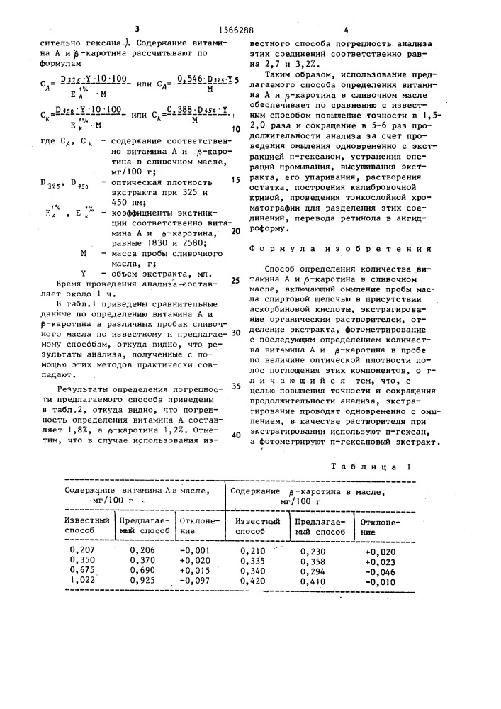 Способ определения количества витамина а и @ -каротина в сливочном масле (патент 1566288)