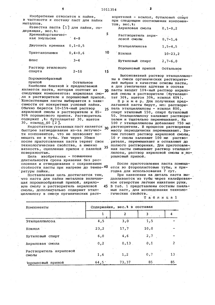 Паста для пайки металлов (патент 1011354)