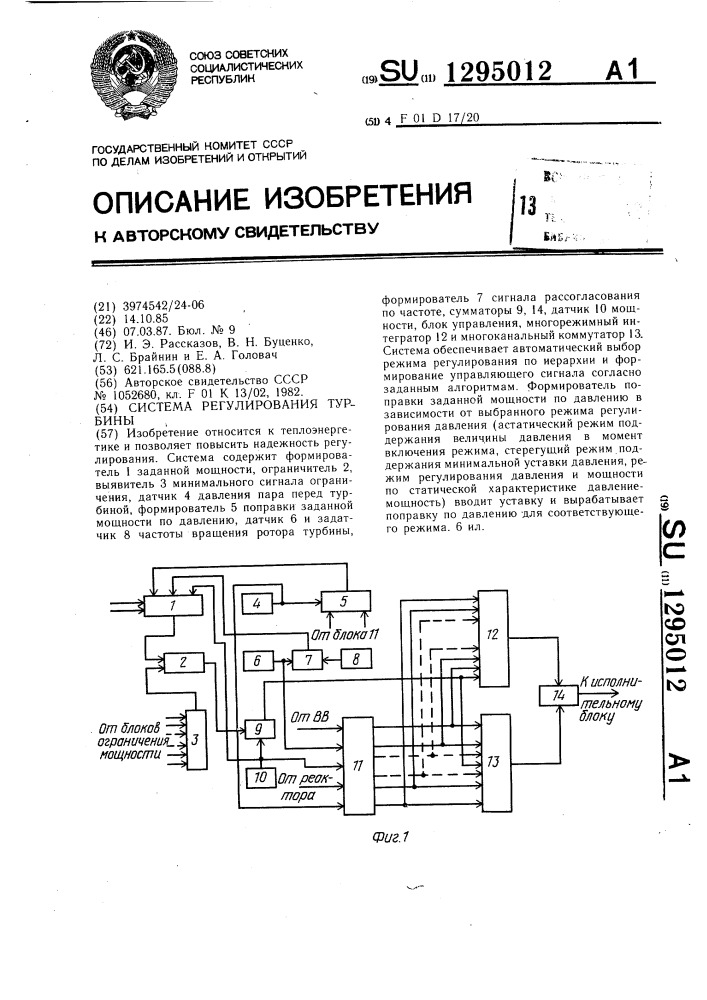 Система регулирования турбины (патент 1295012)