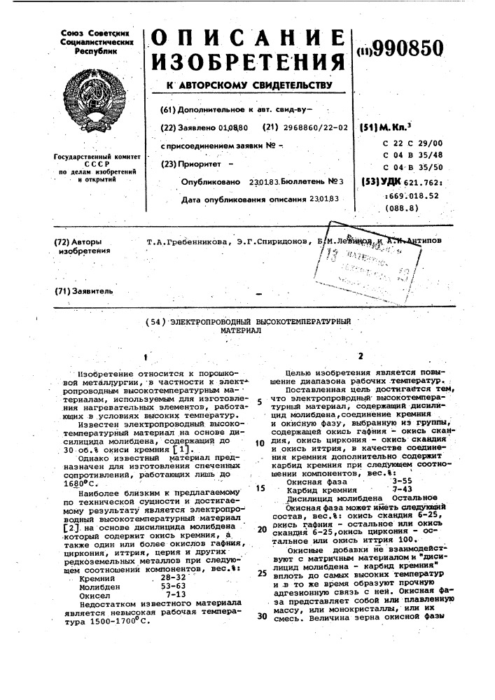 Электропроводный высокотемпературный материал (патент 990850)