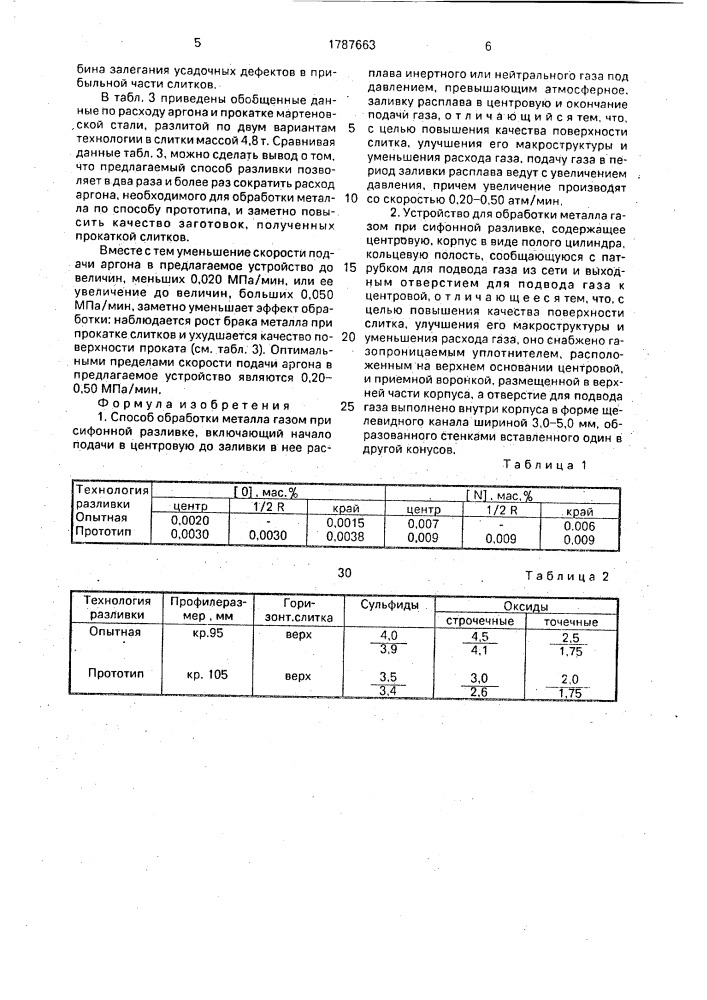 Способ обработки металла газом при сифонной разливке и устройство для его осуществления (патент 1787663)