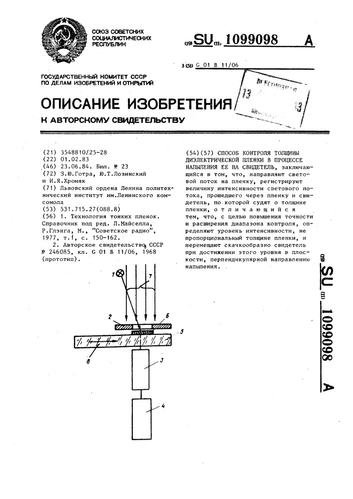 Способ контроля толщины диэлектрической пленки в процессе напыления ее на свидетель (патент 1099098)